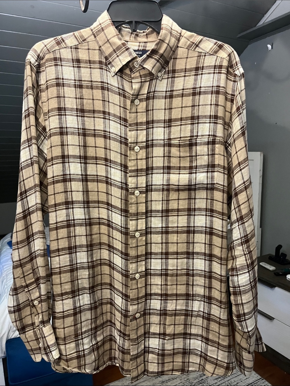 Daniel Cremieux Men's Beige and Brown Plaid Button-Up Linen Shirt